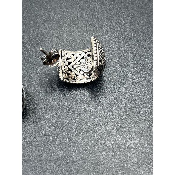 NF Signed 925 Bali Crafted Floral Half Hoop Pierced Earrings Gold Accent - Picture 5 of 10